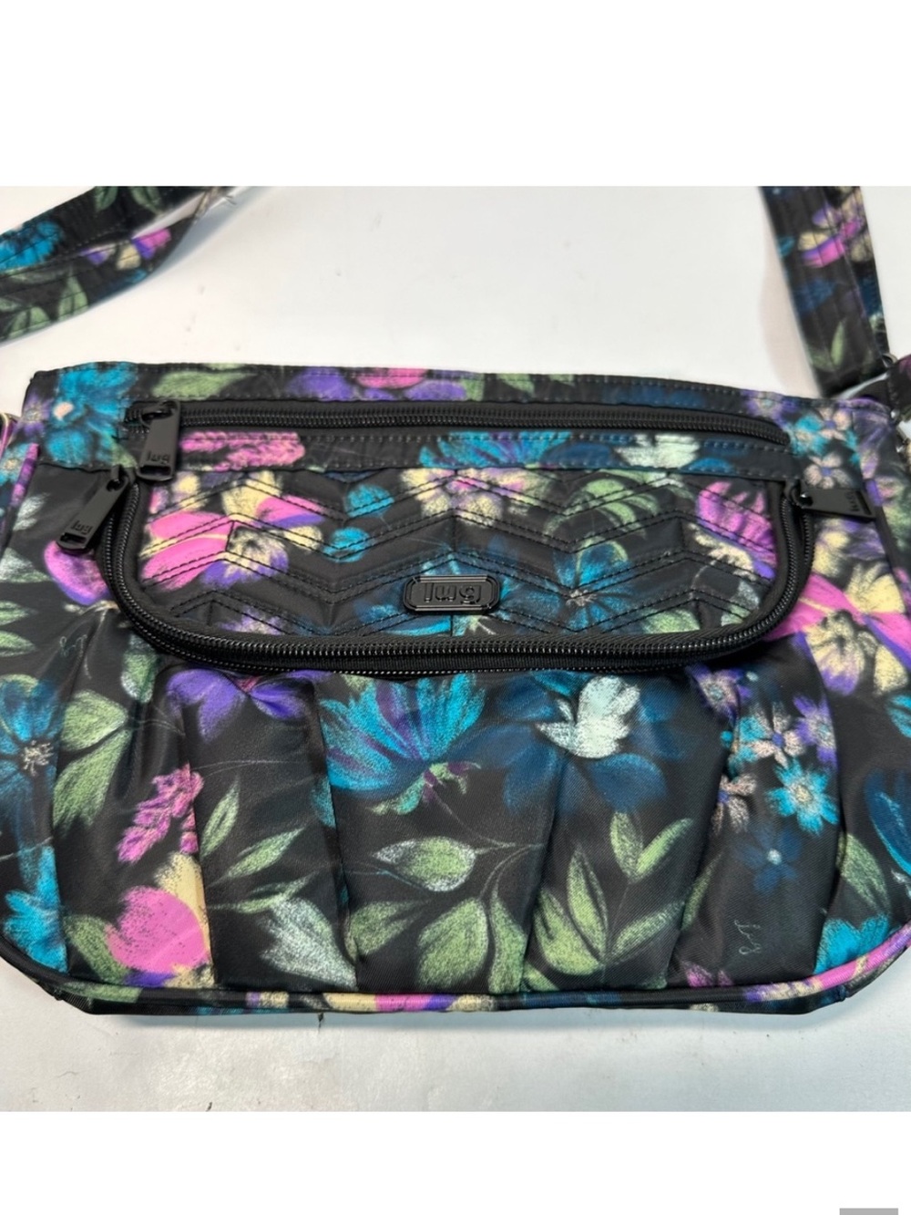 “Like New” LUG Mambo Bloom Black Floral Print Crossbody Bag. RFID